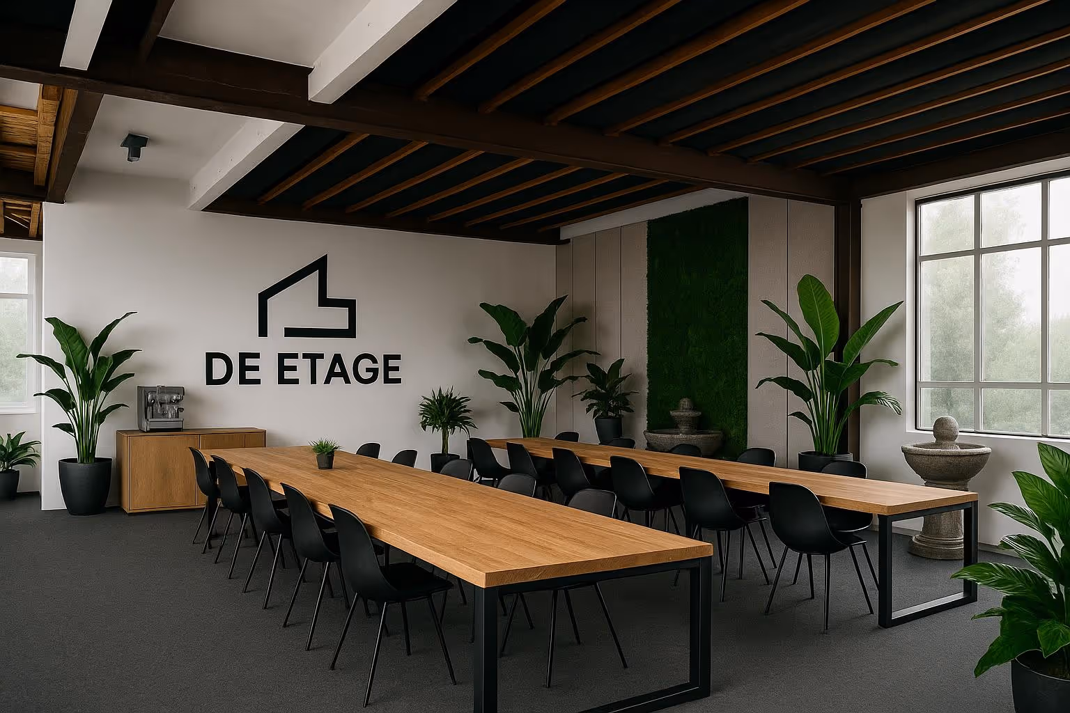 De Etage interieur, lichte werkruimte met groen